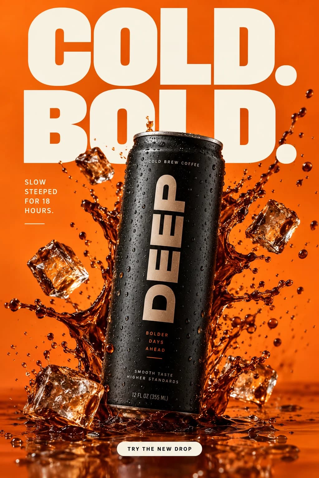 Orange cold brew can poster with a coffee splash and the headline Cold. Bold.