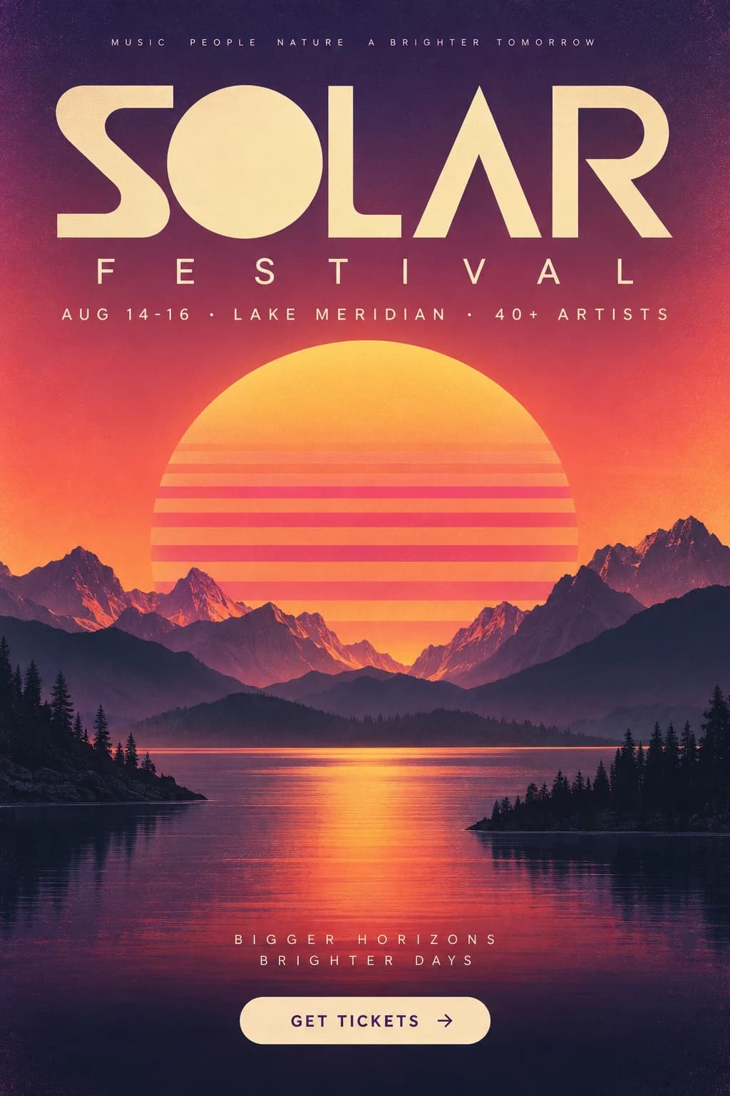 Retro sunset music festival poster for Solar Festival