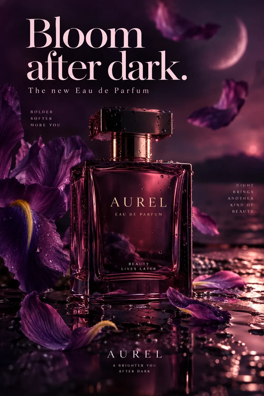 Moody plum fragrance poster reading Bloom after dark
