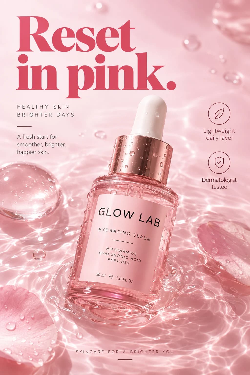 Pink skincare serum social ad reading Reset in pink