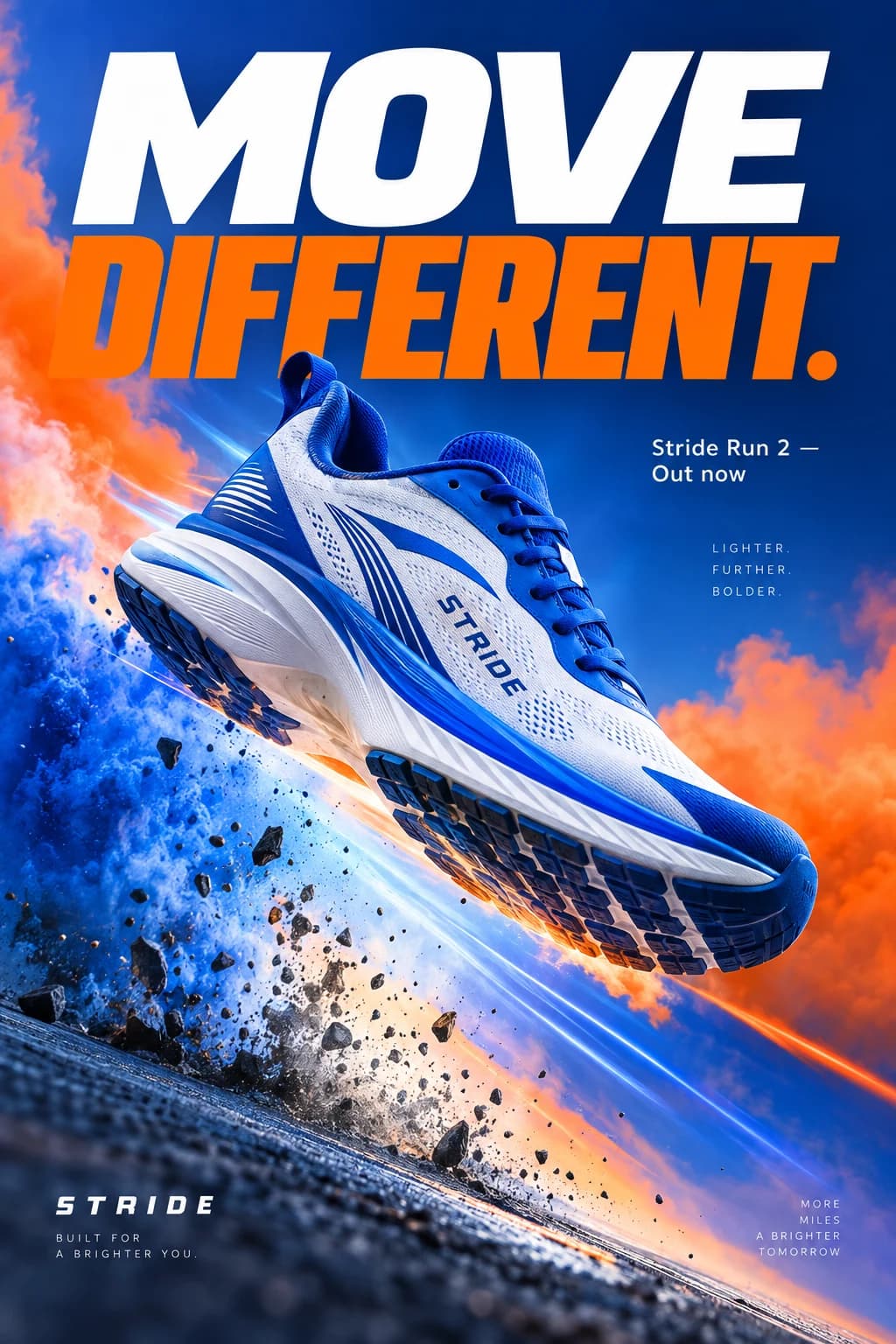 Blue and orange running shoe campaign poster reading Move different